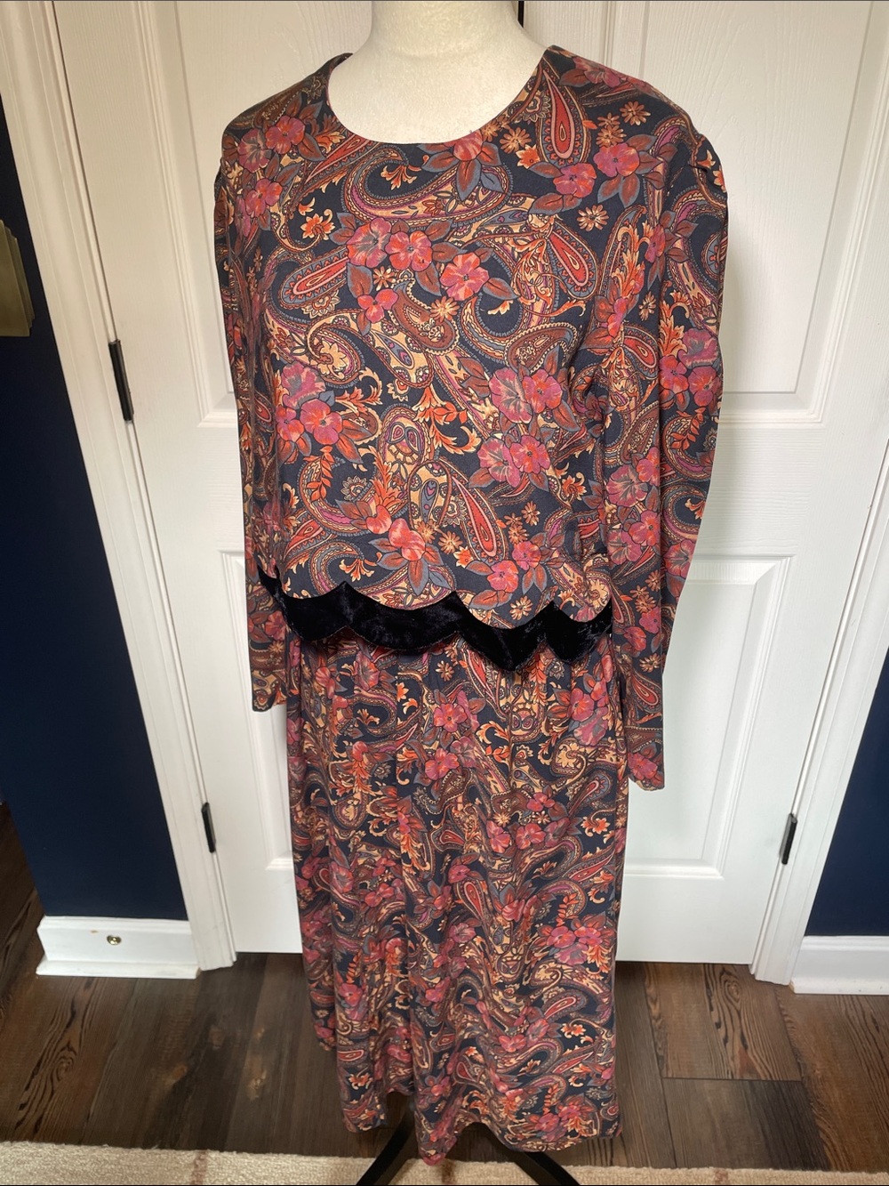 Vtg 90s Melissa Harper Rayon Maxi Dress Paisley Floral Overlay Velvet Trim Sz 14